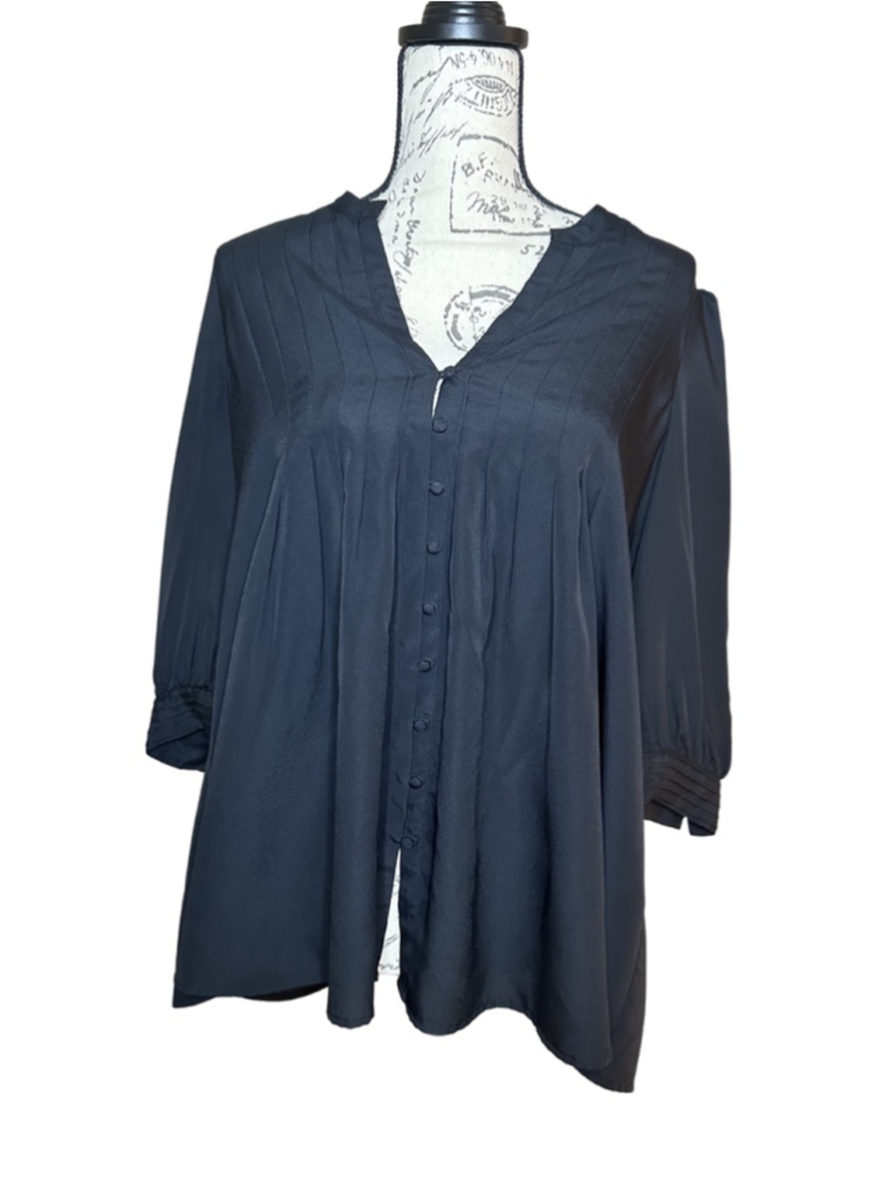 Black Pintuck Pleated Buttoned Blouse with 3/4 Sleeves Likely a Size Medium